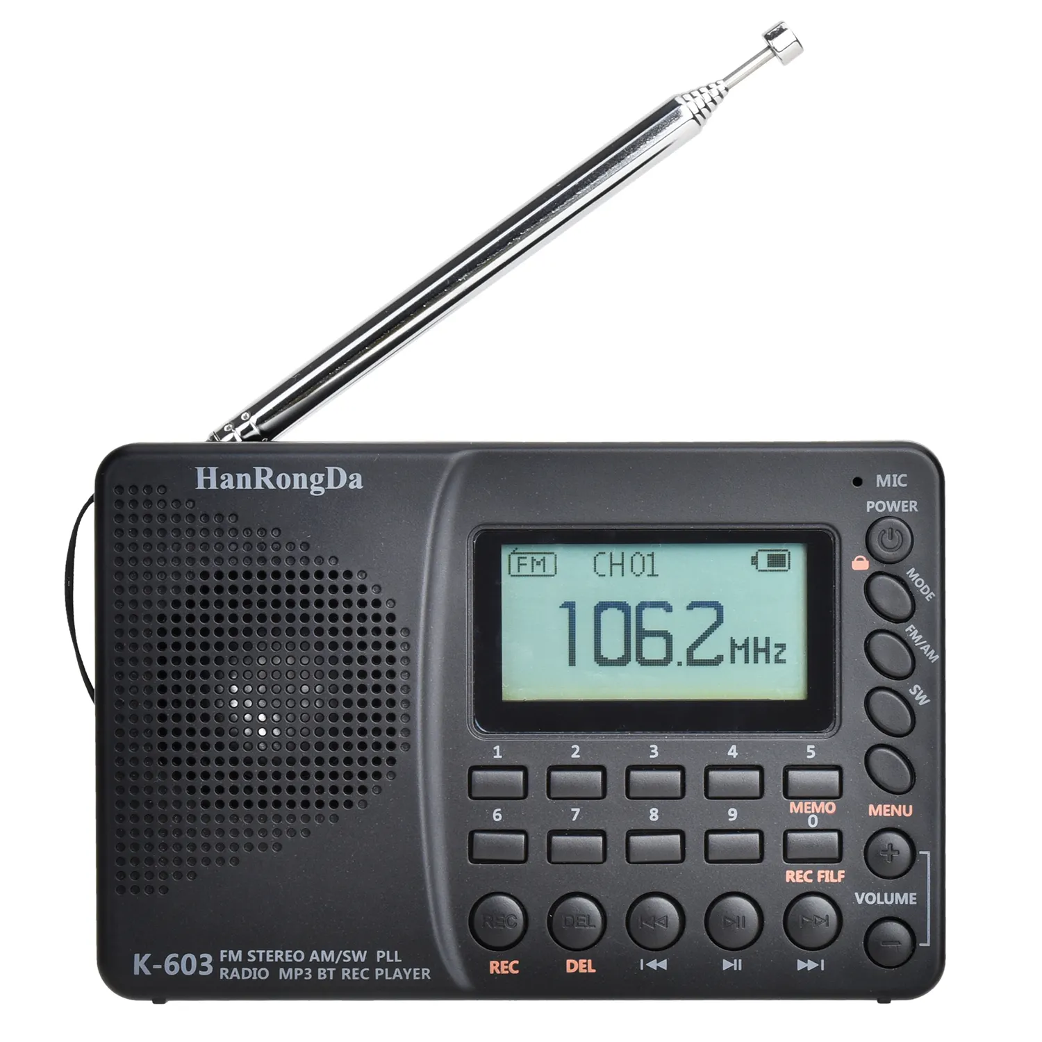 Radio Portable K-603, bande complète BT/TF/AM/SW/FM, fonction d'enregistrement stéréo