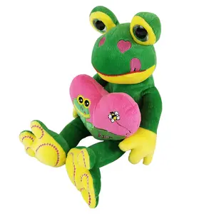 Stuffed toy frog with big eye long leg green frog toy with red heart for Valentines gift