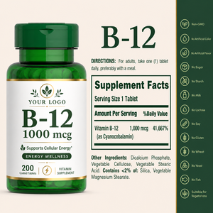 Private Label High Potency B12 Tablets Energy Wellness Vegan Supplement Daily Nutrition 1000 mcg Vitamin B12 Supplement - Product Image 2