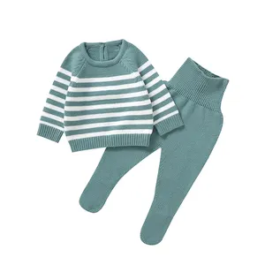 Top Sale Ropa de Baby Mädchen Jungen Recin Nacido Neugeborenen Herbst Winter Kleidung Set Pullover Strips Sweater mit Footie Pants