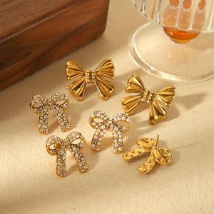 Bowknot <b>Stud</b> Earrings Gold Rhinestone Inlaid <b>Titanium</b> Steel For Women Party Fashion Jewelry - Product Image 1