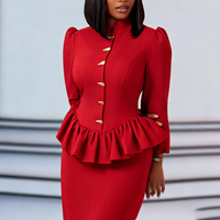 D646 Nouveauté : Ensemble tailleur femme chic pour le bureau – Haut à col montant et manches longues à volants et jupe – Tenue professionnelle 2 pièces pour femme