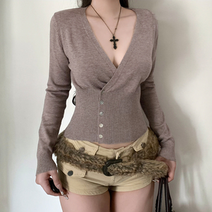Women's Solid Color V-Neck Slimming Soft Breathable Casual Long Sleeve Knitted <b>Cardigan</b> Side <b>Buttons</b> Autumn 2025 New - Product Image 3