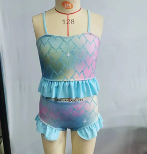 Traje de Baño de Dos Piezas para Bebés Niñas, Diseño de Sirena Princesa, Estampado de Escamas de Corazón, Bikini - Product Image 5