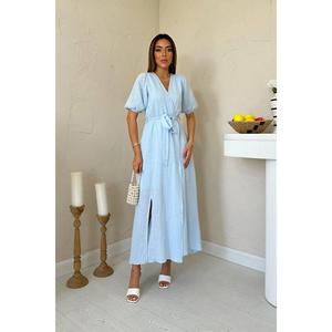 Vestido de lino muselina azul claro con cuello y corte holgado, transpirable, para uso diario informal, venta al por mayor - Product Image 5