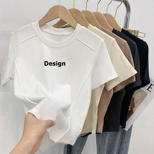 Top corto de diseñador Popular para mujer, Camiseta ajustada con cuello redondo recortada de tela personalizada de secado rápido - Product Image 1