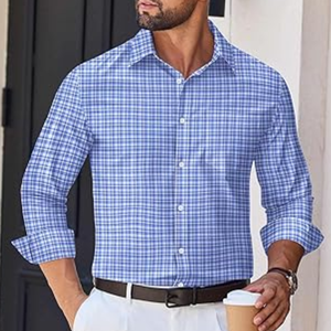Chemise décontractée à manches longues pour homme, à carreaux, en tissu teint, col rabattu, boutonnée avec poche - Product Image 3
