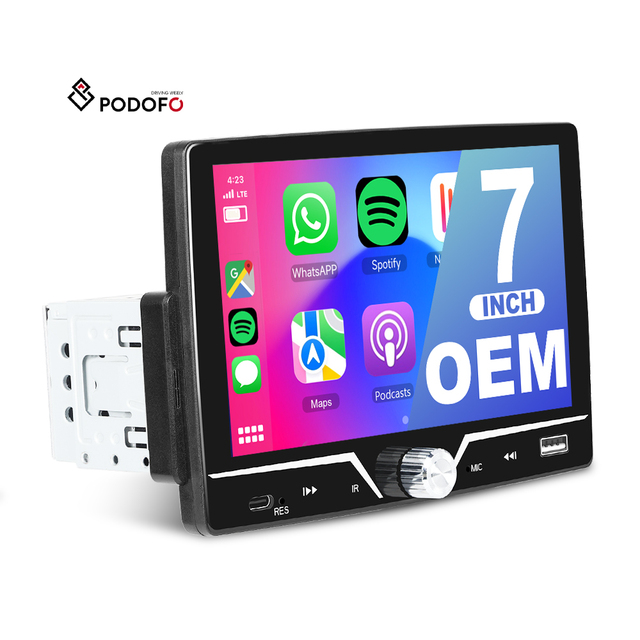 Podofo Single Din Car MP5 Player Car Stereo 7 Inch Touch Screen Wired Carplay Android Auto EQ BT FM USB Type-C OEM ODM