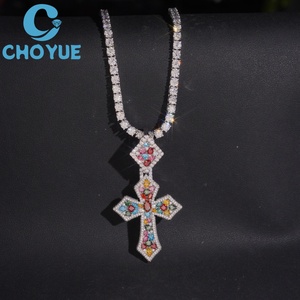 Iced Out Colorful Moissanite Cross <b>Pendant</b> <b>Solid</b> 925 Silver Rose <b>Gold</b> Plated Hip Hop Jewelry Unisex Everyday Wear - Product Image 6