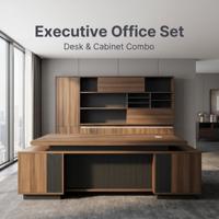 Bureau de direction moderne avec deux meubles de rangement, finition grain de bois et noir, bords arrondis, passe-câbles, poste de travail