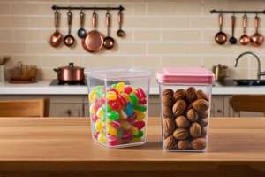 Frascos de Armazenamento <span class=keywords><strong>PET</strong></span> Quadrados com Tampas por Atacado |   Multiuso para Armazenamento de Alimentos, Lanches, Doces e Ração para Animais de Estimação - Product Image 5