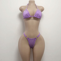 Ensemble Deux Pièces Spandex Femme Haut de Bikini Strass Sexy Pôle Boucle Dorée String Performance Tenues de Strip-teaseuse Vêtements de Danse Exotiques