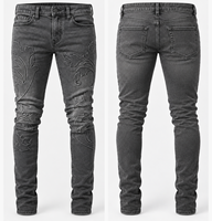Jeans slim en denim délavé anthracite personnalisés pour hommes avec motif botanique ton sur ton pour les marques de streetwear