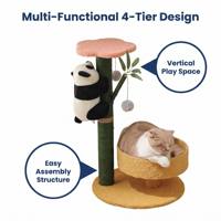 Arbre à chat multi-niveaux sur le thème du panda en bambou, avec poteau à gratter en sisal naturel et lit-nid douillet en forme de fleur pour