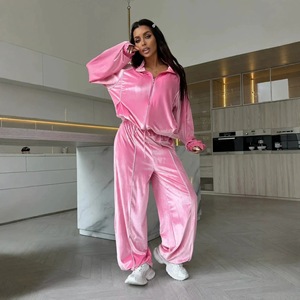 Ensemble deux pièces en <span class=keywords><strong>velours</strong></span> pour <span class=keywords><strong>femme</strong></span>, coupe ample, couleur unie, veste zippée à manches longues et <span class=keywords><strong>pantalon</strong></span> large, idéal pour l'hiver et le quotidien – Nouvelle collection personnalisée en usine - Product Image 3