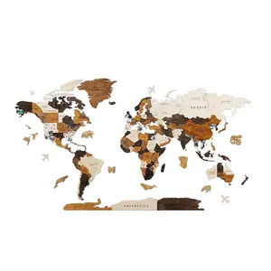 Wholesale high quality wall art decoration wooden world map wooden multi colored map wall 3D wood world map