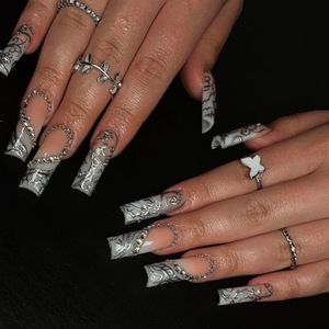 24 faux ongles longs carrés à presser, brillants, avec strass, style French, couvrance totale, pour femmes - Product Image 2