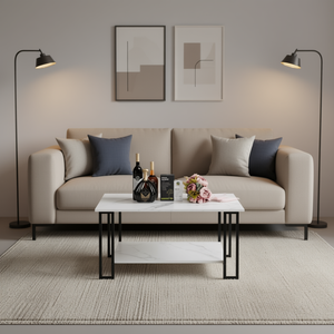 Tavolino da Caffè in MDF Effetto Marmo Bianco 100 cm con Gambe in Ferro Nero a 2 Livelli Moderno per Sala da Pranzo, Ufficio, Caffetteria - Product Image 2