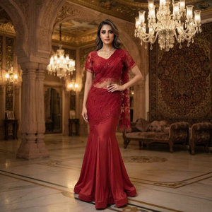 <b>Red</b> Embroidered Crape Silk Saree Stitched <b>Blouse</b> Regular Fit for Wedding Indian Pakistani Traditional Wear Floor-Length <b>Women's</b> - Product Image 1