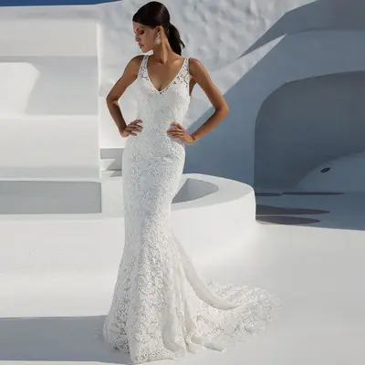 LS Luxury Sexy Lace Sleeveless Formal Dress V-neck Party White Gown Dress Elegant Women Evening Dress 2021