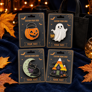 Set de pines de esmalte duro personalizados de Halloween: Calabaza, Fantasma, Gato Negro, Casa Encantada. Pines de solapa de metal OEM para regalo. - Product Image 3