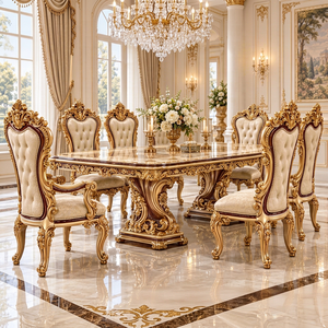Ensemble de table à manger de style palais haut de gamme pour villas américaines, suite de salle à manger royale haut de gamme, fabriquée à la main en bois massif avec placage en feuille d'or - Product Image 1