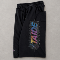 Shorts de basketball personnalisés TaiDe BSCI Factory avec imprimé graphique noir, taille élastique, poche latérale, commande en gros, fabricant pour hommes