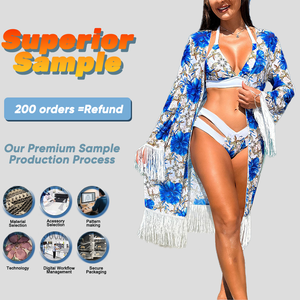 Ensemble de maillot de bain trois pièces à fleurs pour <span class=keywords><strong>femme</strong></span> avec jupe en <span class=keywords><strong>voile</strong></span> et maillot de bain <span class=keywords><strong>bikini</strong></span> Offre Spéciale à pompon <span class=keywords><strong>femme</strong></span> - Product Image 4