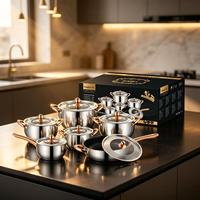 Juego de 12 piezas de lujo de utensilios de cocina de acero inoxidable con mango color oro rosa, que incluye olla, cacerola, sartén y tapas de vidrio, apto para inducción.
