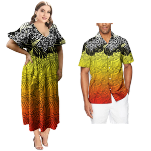 Conjunto Samoa Puletasi para Él y Ella, Diseño a Cuadros, Poliéster, Ropa Formal de Playa, Conjuntos Personalizados con Estampado de Camisas para Parejas - Product Image 1