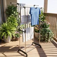 Porte-vêtements métallique robuste à double barre réglable, séchoir à linge sur roulettes, support de lavage télescopique, design moderne et minimaliste