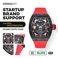 CRONUSART Luxus Tonneau Totenkopf Herren Mechanische Uhr - Karbon-Uhrengehäuse mit Leuchtzeigern und Transparentem Leuchtzifferblatt