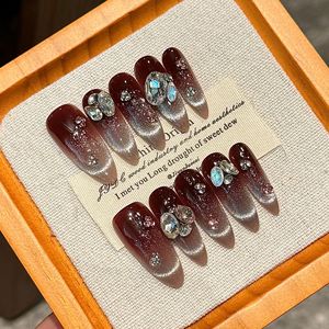 [Paris Dream] Uñas Postizas Removibles con Diseño de Ojo de Gato Francés, Color Café Moca, con Diamantes Cuadrados, para Otoño e Invierno - Product Image 3