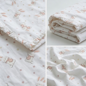 Tissu en mousseline de coton doux 100% à <span class=keywords><strong>double</strong></span> couche, imprimé avec de jolis dessins de lapins et d'étoiles, pour couverture d'emmaillotage et literie pour bébé - Product Image 5