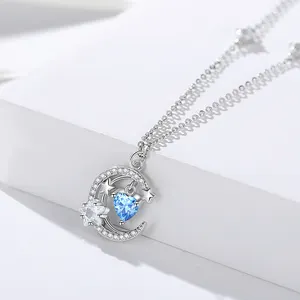 Elegant Dainty 925 Sterling Silver Zircon Pave Blue Heart Diamond Crescent Moon Pendant Necklace For Girls