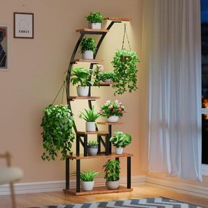 Multi Layer Floor Standing <b>Plant</b> Rack Black Frame With Brown Wood Planks For Living Room Balcony Indoor Outdoor Use - Product Image 2