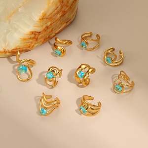 Anelli Estivi con <span class=keywords><strong>Zircone</strong></span> <span class=keywords><strong>Blu</strong></span> Oceano Placcati in Oro 18k Acciaio Inossidabile Ipoallergenico Vintage Geometrici Regolabili - Product Image 3