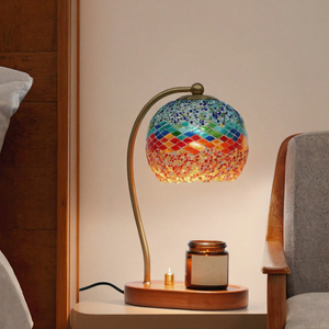 Calentador de Velas de Vidrio con Mosaico Marroquí y Base de Madera - Decoración para Mesa de Noche - Product Image 3