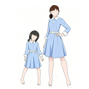 Abito Coordinato Madre-Figlia Azzurro 2025 - Vestito a Linea A con Colletto Peter Pan e Cintura |   Moda Casual Elegante e Morbida per Genitori e Figli - Product Image 2