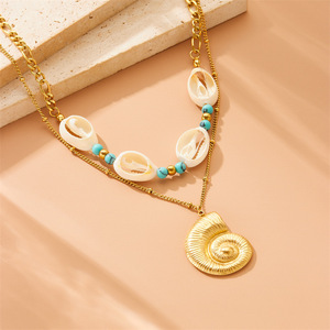 Retro Turquoise Conch Shell Layered Necklace Gold Pendant Stainless Steel Double Chain Stackable Fashion Jewelry - Product Image 2