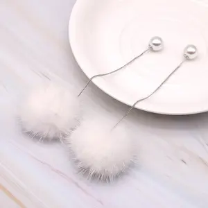 925 sliver needle Korean fashion and temperament long tassel pearl fur ball winter earrings women