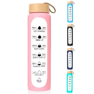 32 Oz Glass Water Bottle With Times To Drink BPA Free Reusable Wide Mouth Glass Motivational Water Bottles With Silicone Sleeve