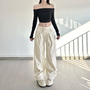 กางเกงขายาวทรงหลวมเอวต่ำสไตล์ยุโรปอเมริกันสำหรับผู้หญิง สีพื้น มีเชือกผูก แต่งระบาย ขากว้าง สวมใส่สบาย - Product Image 6