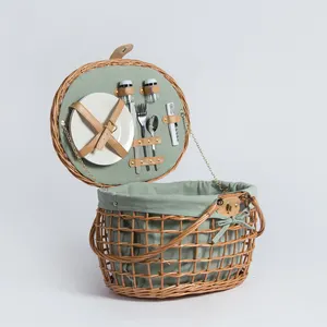 中国制造手工编织柳条木柄批发带盖木制野餐篮