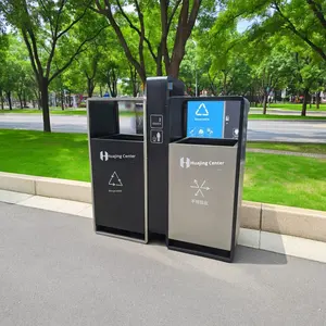 Poubelle de recyclage à double compartiment en acier inoxydable, debout, pour l'extérieur, avec cendrier central, pour les parcs publics, les allées, les espaces commerciaux - Product Image 3