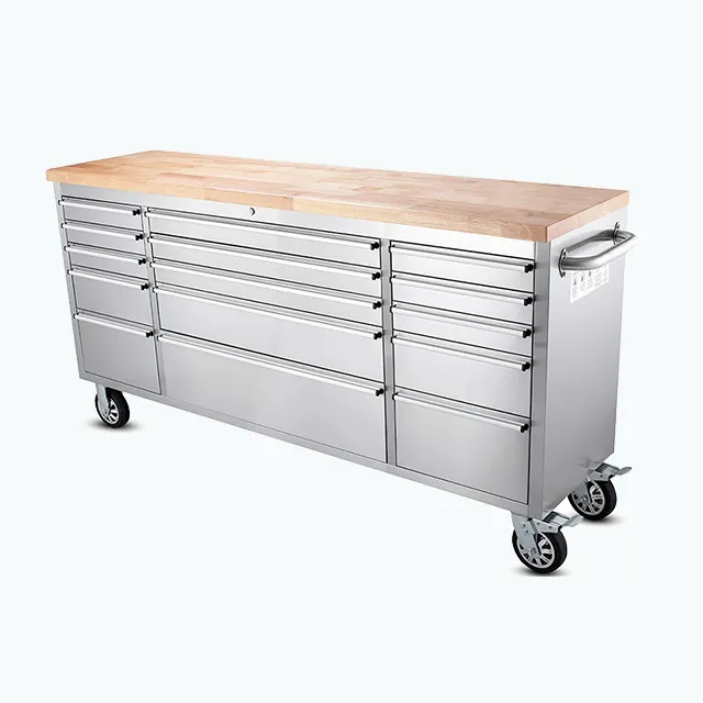 Hyxion Hand Carts Stainless Steel 72 Inch Tool Chest Rubber Wood Work Top with Home Use