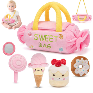 ตุ๊กตาขนมหวานคุณภาพสูง ชุดของเล่นนุ่ม 5 ชิ้น พร้อมเสียงเขย่า กระดาษเสียงกรอบแกรบ ของเล่นบีบมีเสียง และกระจกสำหรับเด็กเล็ก - Product Image 1