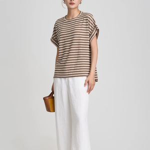 T-shirt d'été à col rond pour <span class=keywords><strong>femme</strong></span> Tops à <span class=keywords><strong>manches</strong></span> <span class=keywords><strong>courtes</strong></span> rayés - Product Image 5