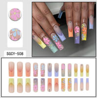 Uñas postizas de ataúd con diseño floral arcoíris pastel mate, estilo francés con diamantes de imitación, al por mayor para salones de belleza.