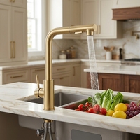 Robinet de cuisine flexible en acier inoxydable SUS 304 doré brossé avec jet cascade et pulvérisation laminar, mitigeur eau chaude et froide
